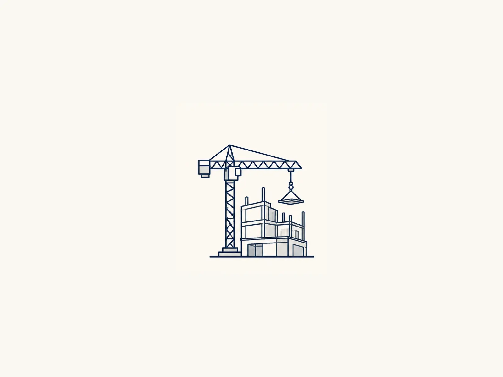 Drawn icon: a construction site with a crane and structural works, standing for general contracting.